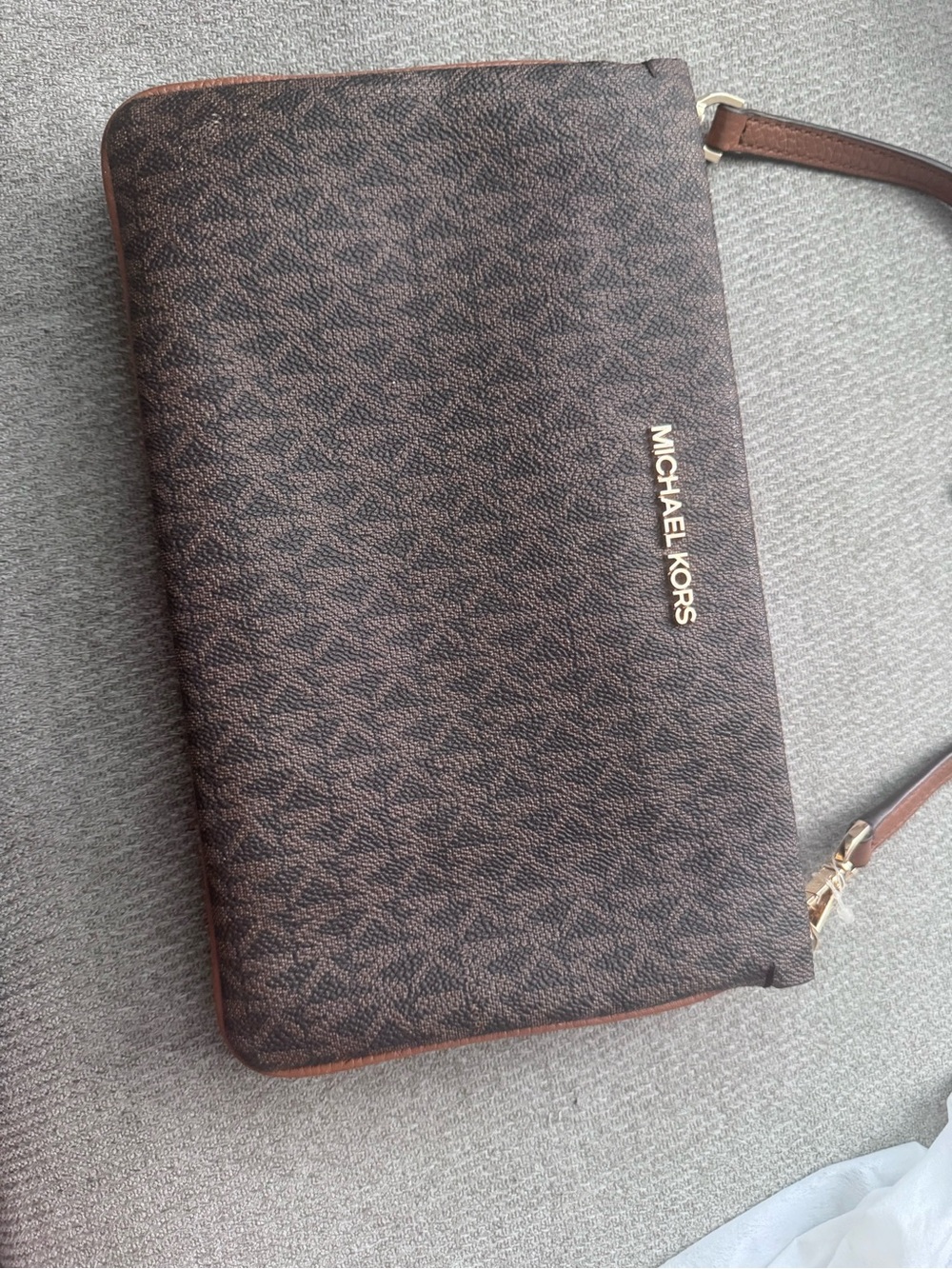 Michael Kors Brown Signature Wristlet Clutch with Gold Logo